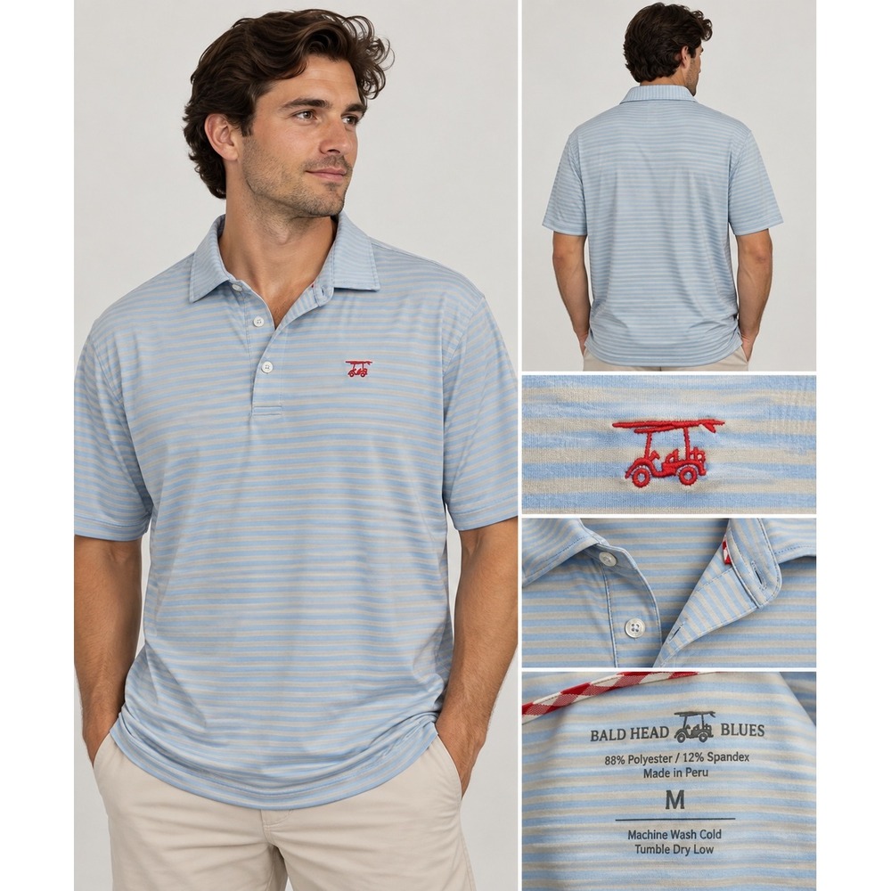 Bald Head Blues Mens M Performance Polo Shirt Blue Grey Striped Golf Cart Logo